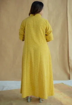 Trusha Yellow Dabu Slub Cotton A Line Dress