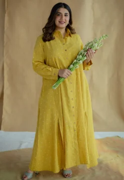 Trusha Yellow Dabu Slub Cotton A Line Dress