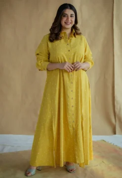 Trusha Yellow Dabu Slub Cotton A Line Dress