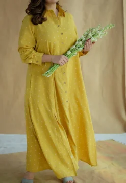 Trusha Yellow Dabu Slub Cotton A Line Dress