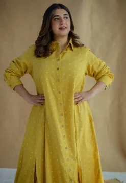 Trusha Yellow Dabu Slub Cotton A Line Dress