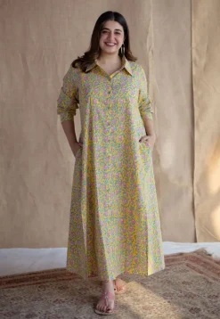 Trusha Yellow Sanganeri Slub Cotton A Line Dress