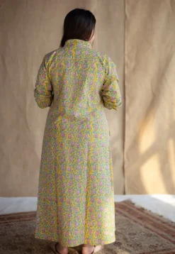Trusha Yellow Sanganeri Slub Cotton A Line Dress
