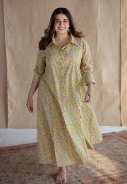 Trusha Yellow Sanganeri Slub Cotton A Line Dress