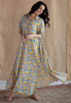 Trusha Yellow Sanganeri Slub Cotton A Line Dress