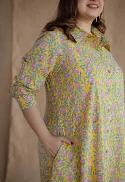 Trusha Yellow Sanganeri Slub Cotton A Line Dress