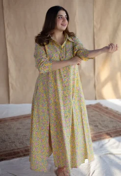 Trusha Yellow Sanganeri Slub Cotton A Line Dress