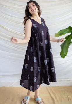 Unnati Black Ajrakh Cotton A Line Dress