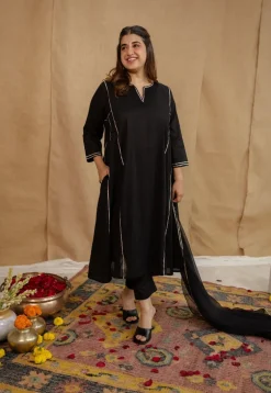 Vamika Mulmul Cotton Black Jhabba Kali Kurta Set (Set of 3)