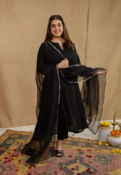 Vamika Mulmul Cotton Black Jhabba Kali Kurta Set (Set of 3)