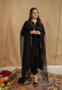 Vamika Mulmul Cotton Black Jhabba Kali Kurta Set (Set of 3)