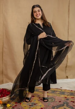 Vamika Mulmul Cotton Black Jhabba Kali Kurta Set (Set of 3)