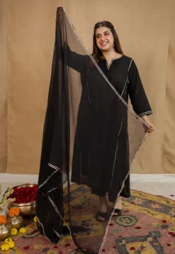 Vamika Mulmul Cotton Black Jhabba Kali Kurta Set (Set of 3)
