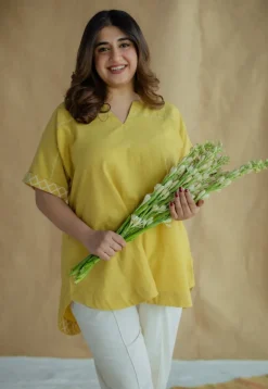 Varisha Mustard Solid Slub Cotton Anti-Fit Short Top with Hand Embroidery
