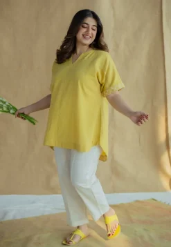 Varisha Mustard Solid Slub Cotton Anti-Fit Short Top with Hand Embroidery