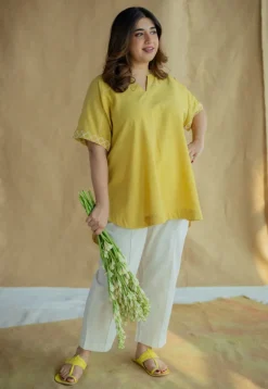 Varisha Mustard Solid Slub Cotton Anti-Fit Short Top with Hand Embroidery