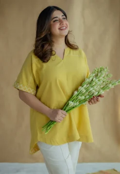 Varisha Mustard Solid Slub Cotton Anti-Fit Short Top with Hand Embroidery