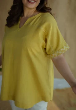 Varisha Mustard Solid Slub Cotton Anti-Fit Short Top with Hand Embroidery