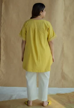 Varisha Mustard Solid Slub Cotton Anti-Fit Short Top with Hand Embroidery
