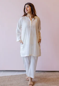 Veda Off White Solid Handloom Cotton A Line Kurta