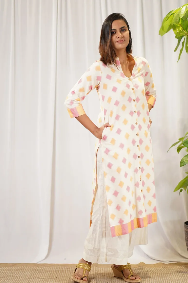 Vidhi Ikkat Off White Cotton Kurta