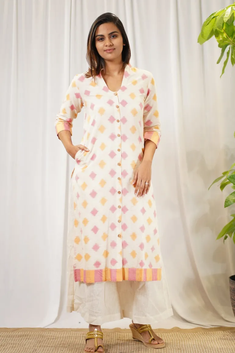 Vidhi Ikkat Off White Cotton Kurta