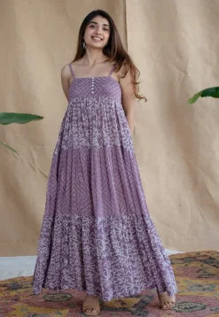 Vihaa Lavender Batik MulMul Cotton A Line Dress