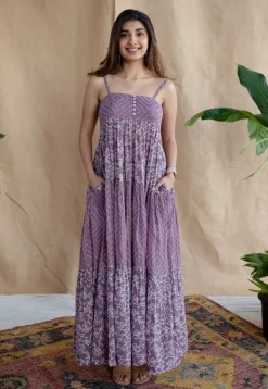 Vihaa Lavender Batik MulMul Cotton A Line Dress