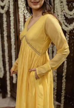Vrishti Yellow Chanderi Silk A Line Hand Embroidered Kurta Set (Set of 3)