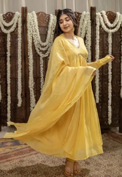 Vrishti Yellow Chanderi Silk A Line Hand Embroidered Kurta Set (Set of 3)