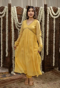 Vrishti Yellow Chanderi Silk A Line Hand Embroidered Kurta Set (Set of 3)