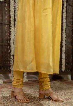 Vrishti Yellow Chanderi Silk A Line Hand Embroidered Kurta Set (Set of 3)