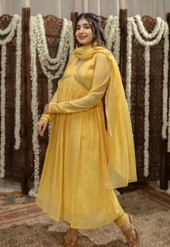 Vrishti Yellow Chanderi Silk A Line Hand Embroidered Kurta Set (Set of 3)