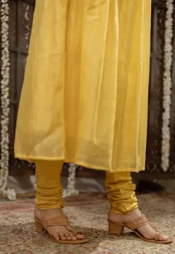 Vrishti Yellow Chanderi Silk A Line Hand Embroidered Kurta Set (Set of 3)