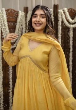 Vrishti Yellow Chanderi Silk A Line Hand Embroidered Kurta Set (Set of 3)