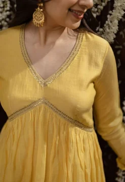 Vrishti Yellow Chanderi Silk A Line Hand Embroidered Kurta Set (Set of 3)