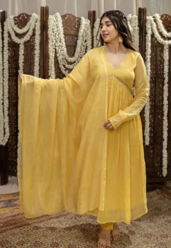 Vrishti Yellow Chanderi Silk A Line Hand Embroidered Kurta Set (Set of 3)