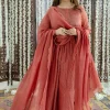 Vrunda Brick Red Rogan Chanderi Silk A Line Kurta Set (Set of 3)