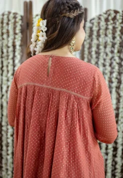 Vrunda Brick Red Rogan Chanderi Silk A Line Kurta Set (Set of 3)