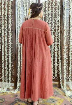 Vrunda Brick Red Rogan Chanderi Silk A Line Kurta Set (Set of 3)