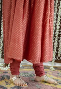 Vrunda Brick Red Rogan Chanderi Silk A Line Kurta Set (Set of 3)