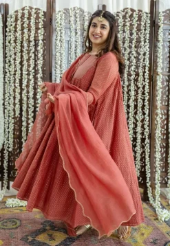 Vrunda Brick Red Rogan Chanderi Silk A Line Kurta Set (Set of 3)