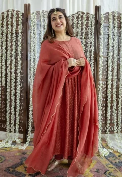 Vrunda Brick Red Rogan Chanderi Silk A Line Kurta Set (Set of 3)