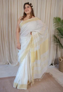 White Linen Golden Zari Border Saree