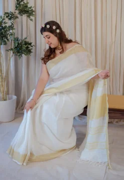 White Linen Golden Zari Border Saree
