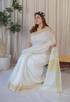 White Linen Golden Zari Border Saree