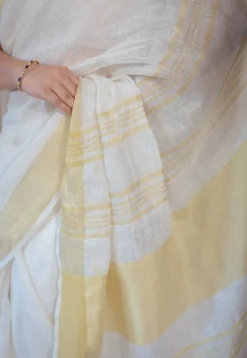 White Linen Golden Zari Border Saree