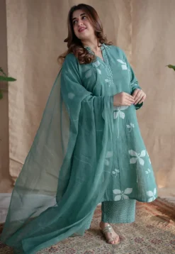 Yahna Green Straight Dabu Slub Cotton Co-ord Set with Hand Embroidery (Set of 2)