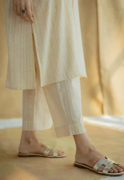 Yashi Cream Hand Block Print Slub Cotton Straight Pant