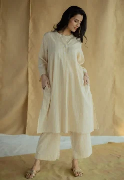 Yashi Cream Hand Block Print Slub Cotton Straight Pant